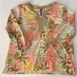 Tropical Beaded-Trim Women's Tunic Top in Coral, Olive & Cream